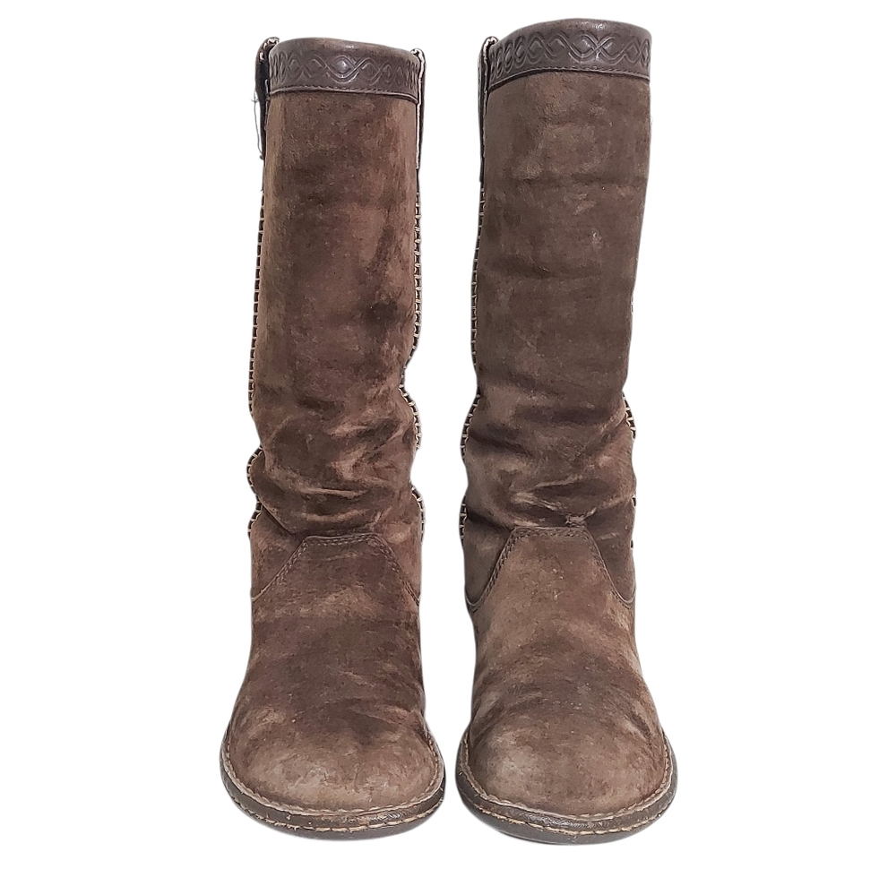 UGG Brown Leather Sheepskin Boots Women Size 7 Slouchy Pullon Cozy Winter Shoes - Picture 4 of 15
